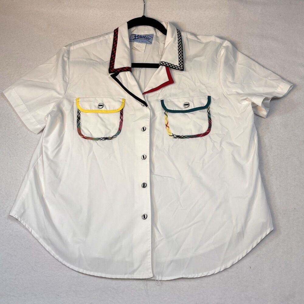 USA Retro Button Up Shirt Women’s XL White With Whimsical Trim Bowling Waitress